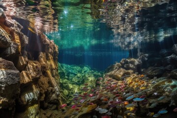 Sticker - cave with schools of colorful fish swimming among the formations, created with generative ai