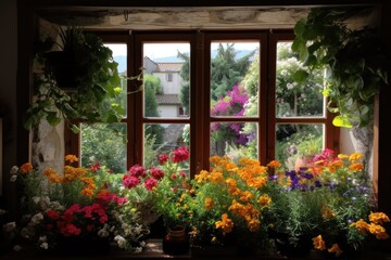 Poster - window garden filled with blooming flowers and the sound of birds singing, created with generative ai