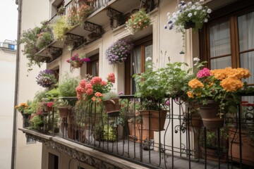 Sticker - view of relaxing balcony with potted plants and window boxes filled with colorful flowers, created with generative ai