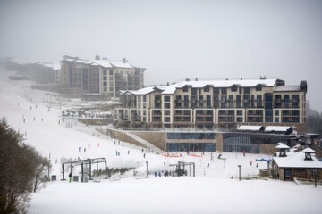 Poster - winter sports resort, with skiers and snowboarders taking advantage of the slopes, created with generative ai