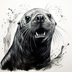Wall Mural - A black and white drawing of a seal. Generative AI.