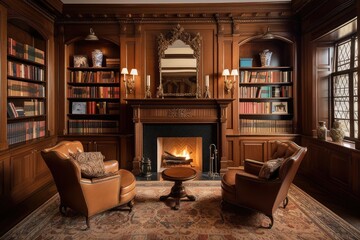 Poster - wood-paneled library with bookshelves, armchairs, and fireplace, created with generative ai