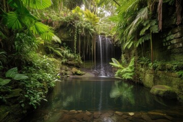 Wall Mural - majestic waterfall cascading into tranquil pool, surrounded by lush greenery, created with generative ai