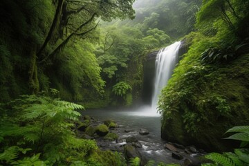 Canvas Print - majestic waterfall surrounded by lush greenery, with cascading water and mist, created with generative ai