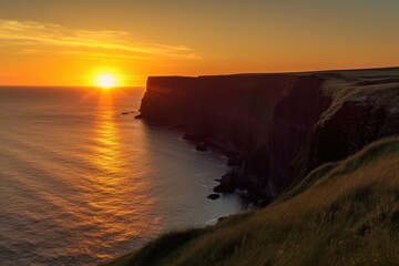 Wall Mural - coastal cliff view, with the sun setting over the horizon, and silhouetting the cliffs, created with generative ai