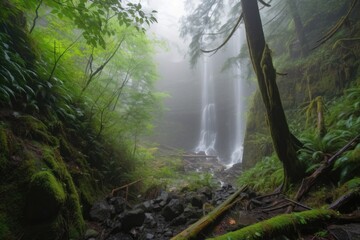 Sticker - cascading waterfall in misty forest with towering trees, created with generative ai