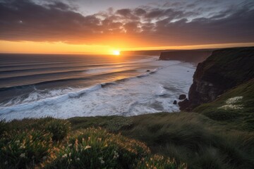 Sticker - sunset over the ocean, with a view of cliffs and waves in the distance, created with generative ai