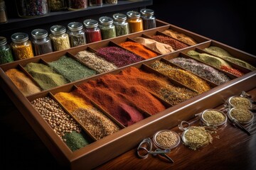 Wall Mural - a variety of spices and seasonings arranged in a visually stunning display, created with generative ai