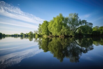 Sticker - close-up of tranquil lake, with reflection of sky and trees, created with generative ai