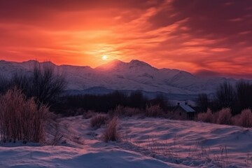 Wall Mural - magical moment, with the sun rising behind snow-capped mountain range and illuminating the sky with warm colors, created with generative ai