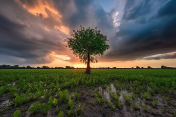 Canvas Print - sprouting tree being surrounded by storm clouds in dramatic sunset, created with generative ai