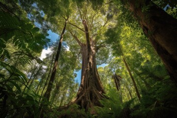 Poster - majestic tree surrounded by towering forest canopy, with a glimpse of the blue sky above, created with generative ai