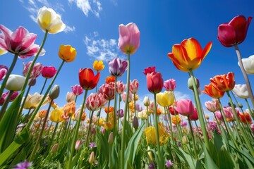 Wall Mural - towering tulips of different colors against a blue sky, created with generative ai