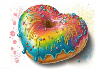 Wall Mural - heart donut with artistic drizzle of icing and sprinkles for a sweet, colorful treat, created with generative ai