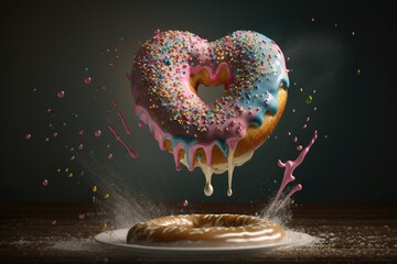 Canvas Print - heart-shaped donut in motion, with sprinkles flying and icing dripping, created with generative ai