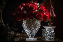 Red Rose Bouquet Overflowing From Crystal Vase, Created With Generative Ai