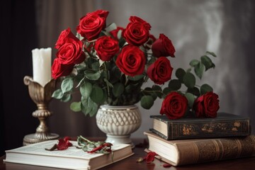 Poster - red roses in a vase on a table surrounded by books and ornaments, created with generative ai