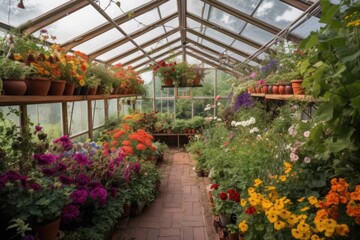 Wall Mural - greenhouse filled with colorful blooms and aromatic plants, created with generative ai