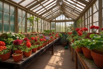 Canvas Print - greenhouse with red geraniums and blue pots, created with generative ai