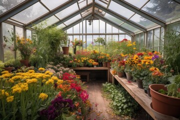 Poster - greenhouse with view of a vibrant garden, filled with colorful blooms and foliage, created with generative ai