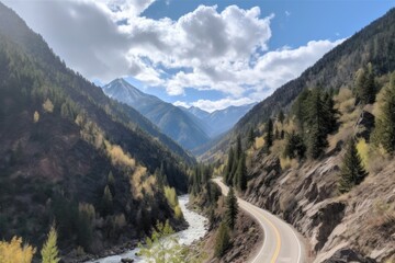 Poster - road trip on a scenic mountain highway, with views of towering peaks and rushing rivers, created with generative ai