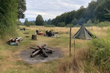 Wall Mural - camping trip with trail markers and campfire visible in the background, created with generative ai