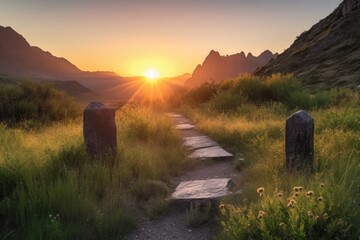 Sticker - peaceful sunrise over trail markers in the mountains, created with generative ai