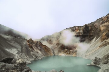 Canvas Print - volcanic crater filled with steaming hot water, created with generative ai