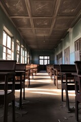 Canvas Print - rows of empty desks and chairs in a classroom, created with generative ai