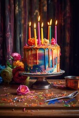 Wall Mural - birthday cake with colorful candles on a table, created with generative ai