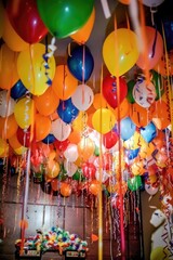 Poster - close-up of balloons and streamers hanging from ceiling, created with generative ai