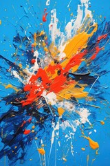 Canvas Print - abstract paint splatters on blue backdrop, created with generative ai