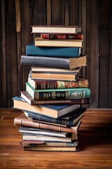 Canvas Print - stack of hardcover books on a wooden table, created with generative ai