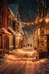 Wall Mural - festive holiday lights illuminating a snowy village street at night, created with generative ai