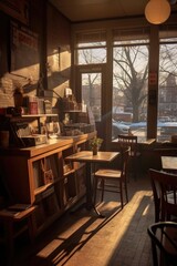 Poster - a coffee shop near campus with textbooks and laptops on tables, created with generative ai