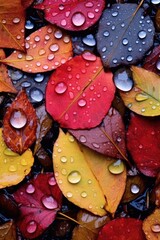 Wall Mural - raindrops on colorful autumn leaves on the ground, created with generative ai