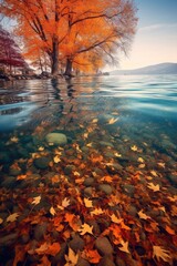 Poster - fall leaves floating on the calm surface of a lake, created with generative ai