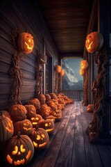 Wall Mural - glowing carved jack-o-lanterns on a dark porch, created with generative ai