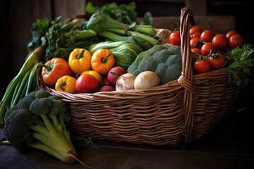 Poster - freshly harvested organic produce in a basket, created with generative ai