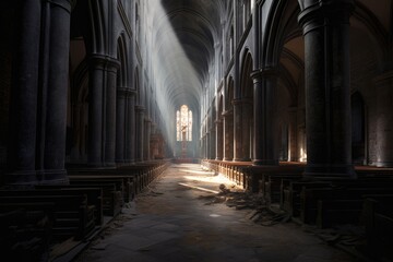 Wall Mural - atmospheric view of long, shadowy nave, created with generative ai