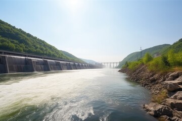 Poster - view of a hydroelectric power plant, with water flowing down the dam and through the turbines, created with generative ai