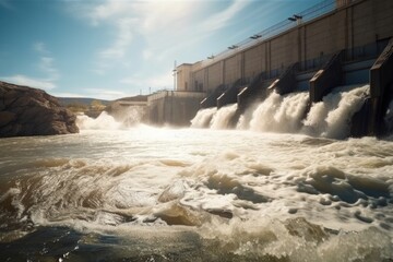 Sticker - view of a hydroelectric power plant with water rushing through the dam and into the turbines, created with generative ai