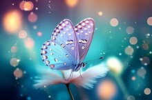 An Illustration Of A Beautiful White Butterfly On White Flower Buds On A Soft Blurred Blue Background Spring Or Summer In Nature. Romantic Dreamy Artistic Image. Made With Generative AI Technology