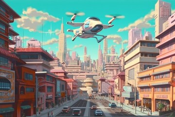 Canvas Print - high-tech city with flying cars, robotic deliveries, and holographic billboards, created with generative ai