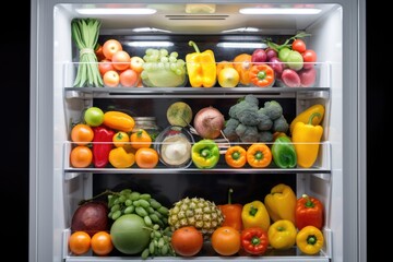 Wall Mural - walk-in refrigerator filled with plump, juicy fruits and vegetables, created with generative ai