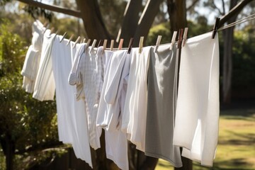 Canvas Print - clothesline with freshly ironed shirts and towels, ready to be used, created with generative ai