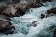 close-up of water rushing over rocks and into pool, created with generative ai