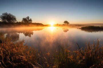 Poster - sunrise over tranquil lake, with mist rising from the water, created with generative ai