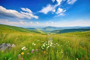 Canvas Print - serene mountain landscape with rolling hills, wildflowers, and clear blue skies, created with generative ai