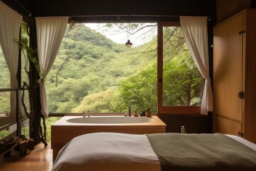 Canvas Print - room with view of the outdoors and a hot bath in wellness retreat, created with generative ai